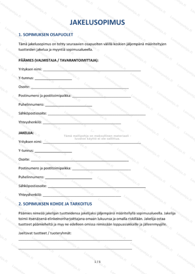 Jakelusopimuksen sivu 1 – skannattu dokumentin sivu teksteineen.