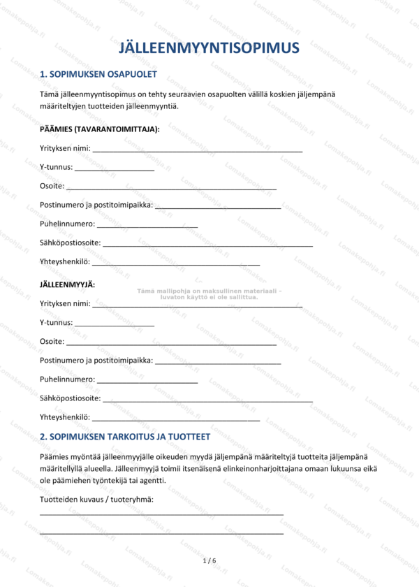 Jälleenmyyntisopimus | Ladattava mallipohja Word & PDF