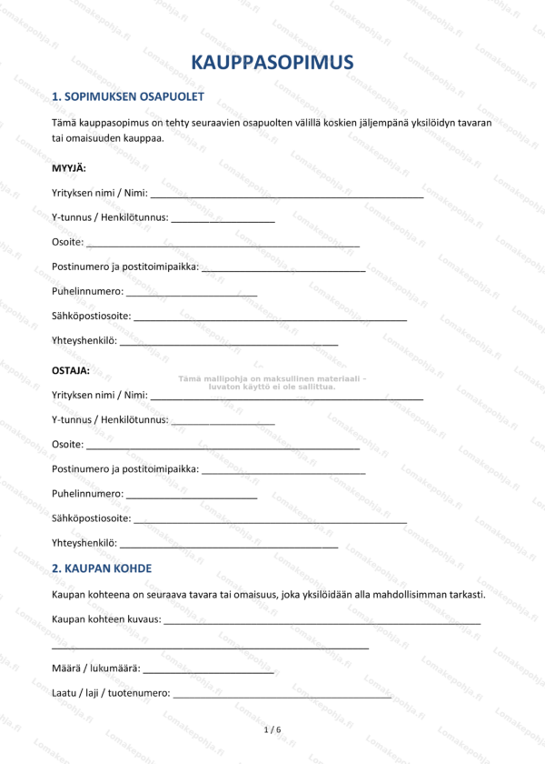 Kauppasopimus — Tulostettava mallipohja Word & PDF