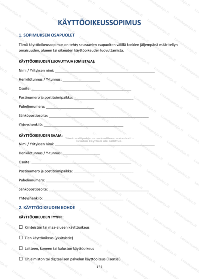 Käyttöoikeussopimuksen sivu 1, skaalattu dokumenttikuva.