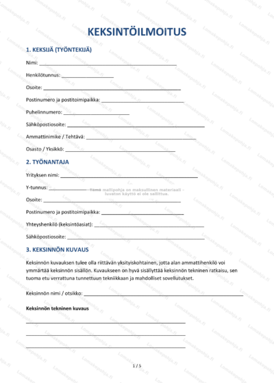 Keksintöilmoitus - ensimmäinen sivu, skaalattu kuva