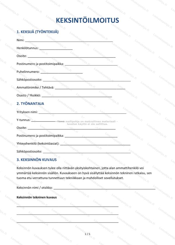 Keksintöilmoitus — Muokattava lomakepohja Word & PDF