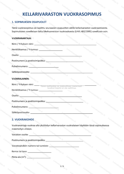 Kellarivaraston vuokrasopimus – sivu 1 (skaalattu), asiakirjan otsikko ja teksti näkyvät.