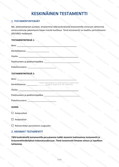 Keskinäinen testamentti, sivu 1, skannattu oikeudellinen asiakirja.