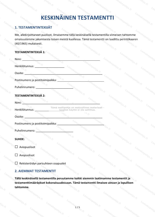 Keskinäinen testamentti – Mallipohja Word & PDF