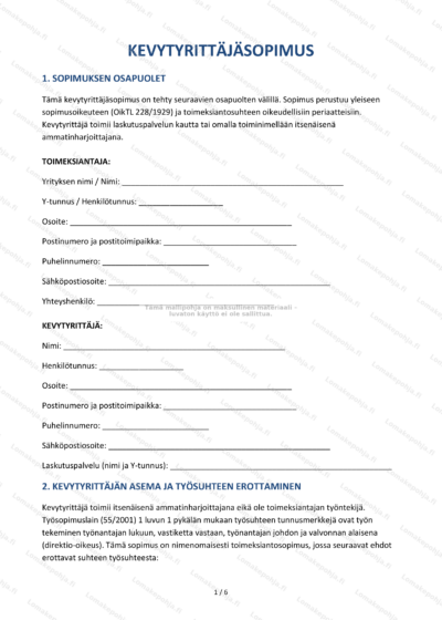 Kevytyrittajasopimus, sivu 1, skaalattu asiakirjakuva