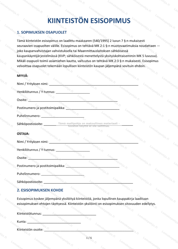 Kiinteistön esisopimus – Tulostettava mallipohja