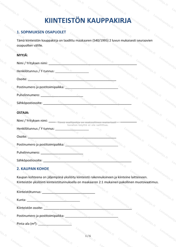 Kiinteistön kauppakirja — Sopimusmalli Word & PDF