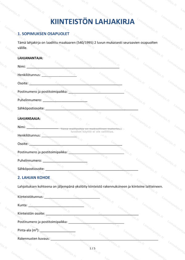 Kiinteistön lahjakirja – Ladattava Word & PDF