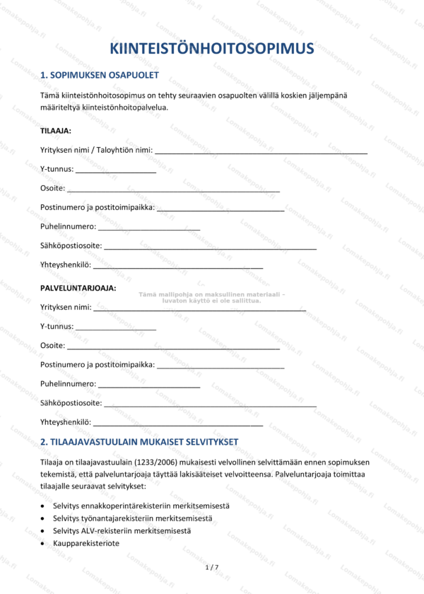 Kiinteistönhoitosopimus — Mallipohja Word & PDF