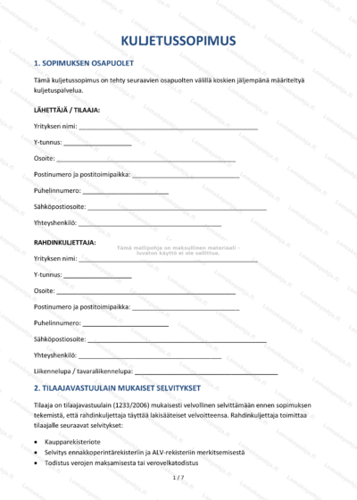 Kuljetussopimus-dokumentin ensimmäinen sivu, tekstiä ja allekirjoitusalueita.