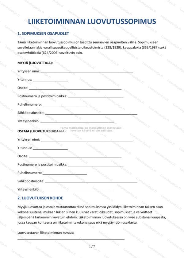 Liiketoiminnan luovutussopimus – Mallipohja Word & PDF