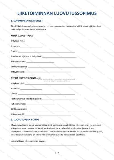 Liiketoiminnan luovutussopimus – sivu 1