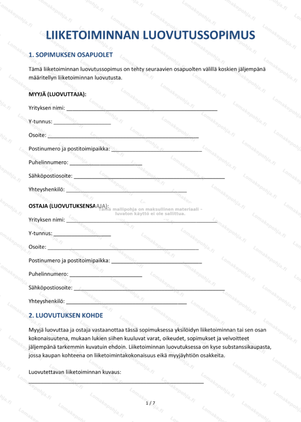 Liiketoiminnan luovutussopimus – Mallipohja Word & PDF
