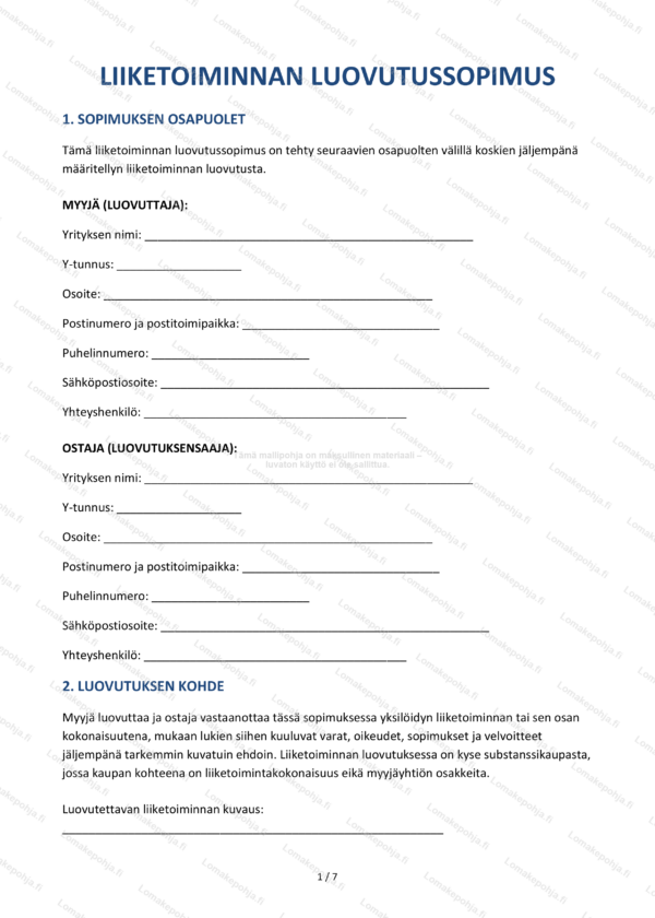 Liiketoiminnan Luovutussopimus Mallipohja Word PDF Liiketoiminnan Luovutussopimus Mallipohja Word PDF