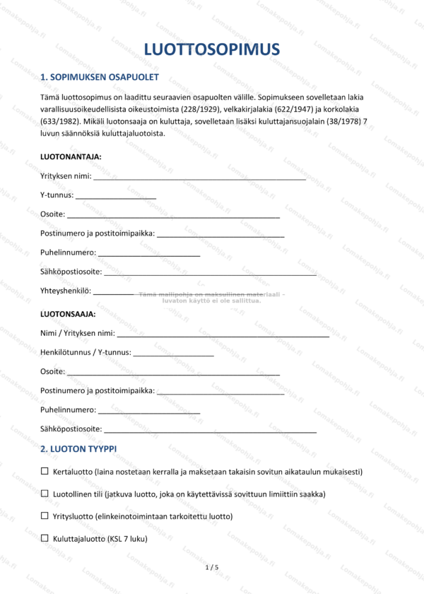 Luottosopimus — Ladattava sopimusmalli Word & PDF