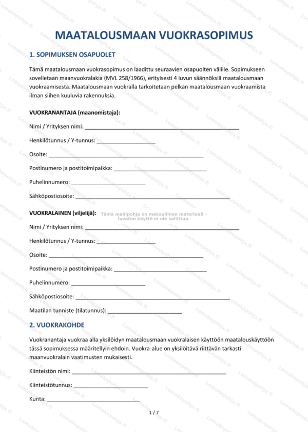 Maatalousmaan vuokrasopimus | Word & PDF