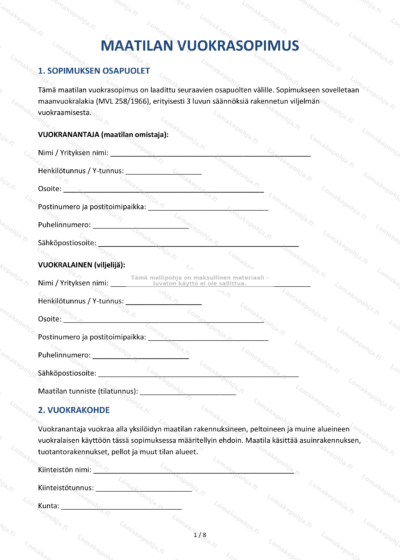 Maatilan vuokrasopimus, sivu 1 (skannattu kuva)