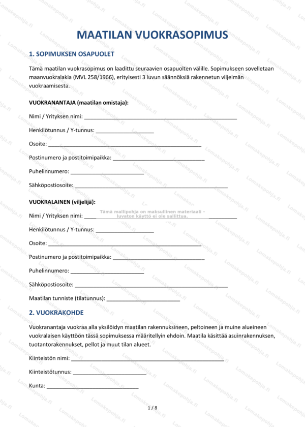 Maatilan vuokrasopimus – Ladattava sopimusmalli