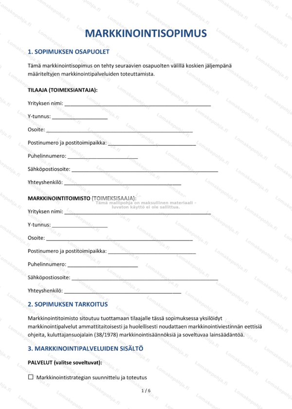 Markkinointisopimus — Muokattava Word & PDF -pohja