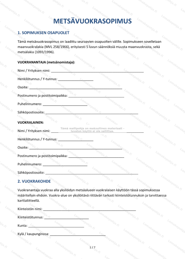 Metsävuokrasopimus – Ladattava Word & PDF