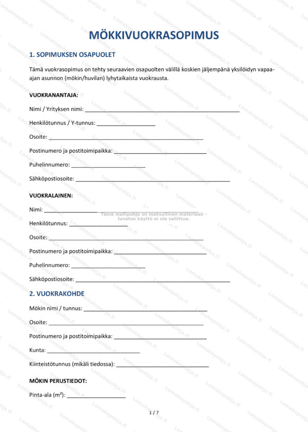 Mökkivuokrasopimus | Tulostettava lomakepohja Word & PDF