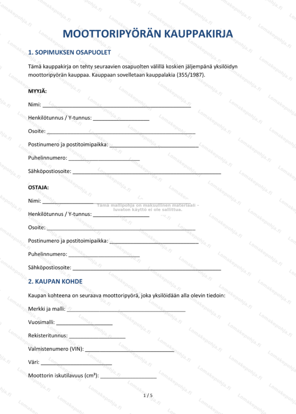 Moottoripyörän kauppakirja — Mallipohja Word & PDF