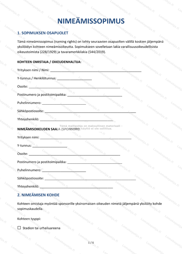 Nimeämissopimus | Sopimusmalli Word & PDF