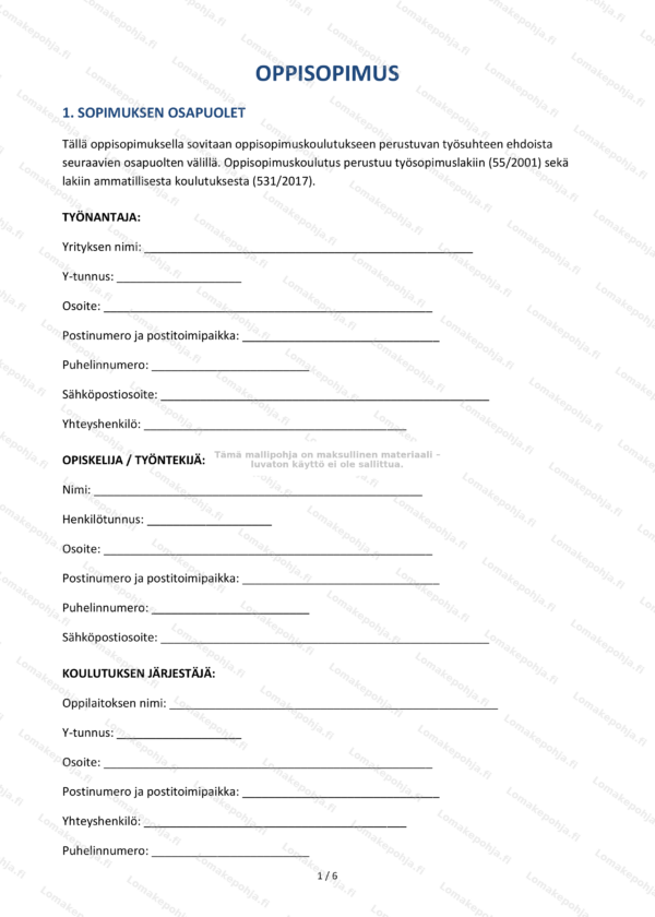 Oppisopimus | Tulostettava mallipohja Word & PDF