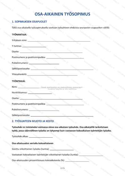 Osa-aikaisen työsopimuksen sivu 1 - skaalattu kuva, jossa on tekstiä ja allekirjoituskohdat