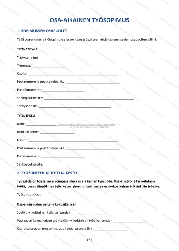 Osa-aikainen työsopimus – Sopimusmalli Word & PDF