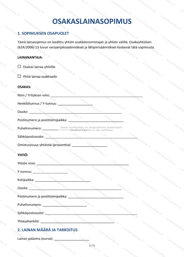 Osakaslainasopimus — Muokattava pohja Word & PDF