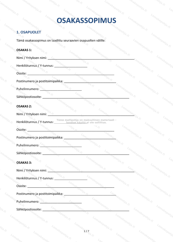 Osakassopimus | Ladattava Word & PDF -sopimusmalli