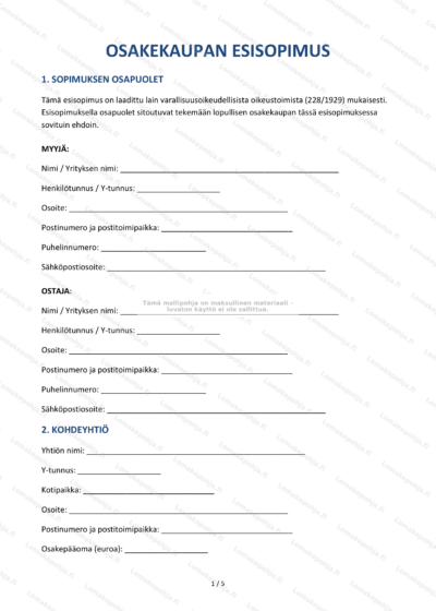 Osakekaupan esisopimuksen ensimmäinen sivu, skannattu dokumentti (sivu 1).