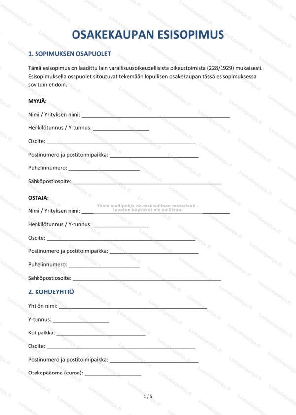 Osakekaupan esisopimus – Lomakepohja Word & PDF