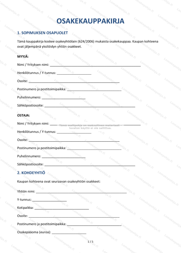 Osakekauppakirja | Mallipohja Word & PDF