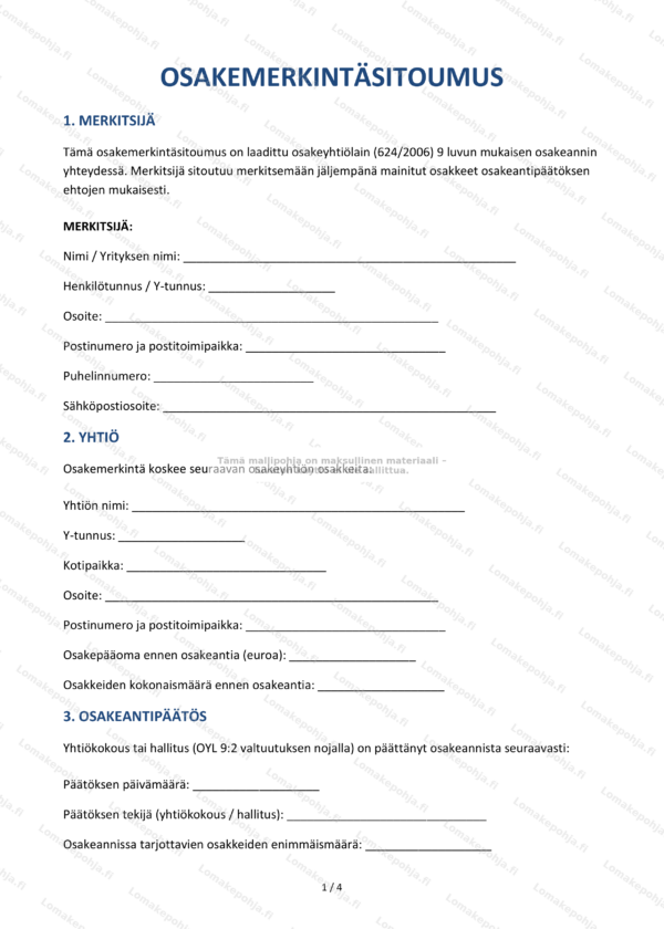 Osakemerkintäsitoumus – Ladattava Word & PDF