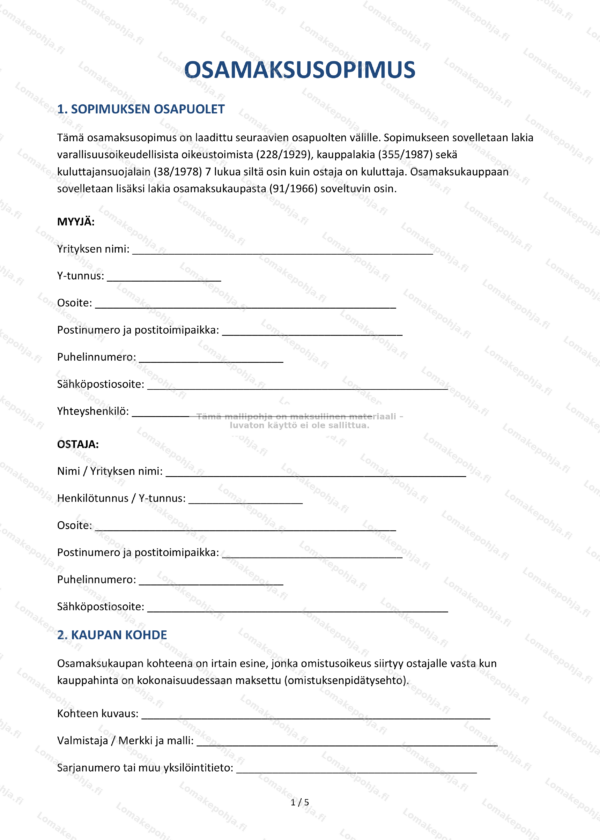 Osamaksusopimus — Ladattava mallipohja Word & PDF