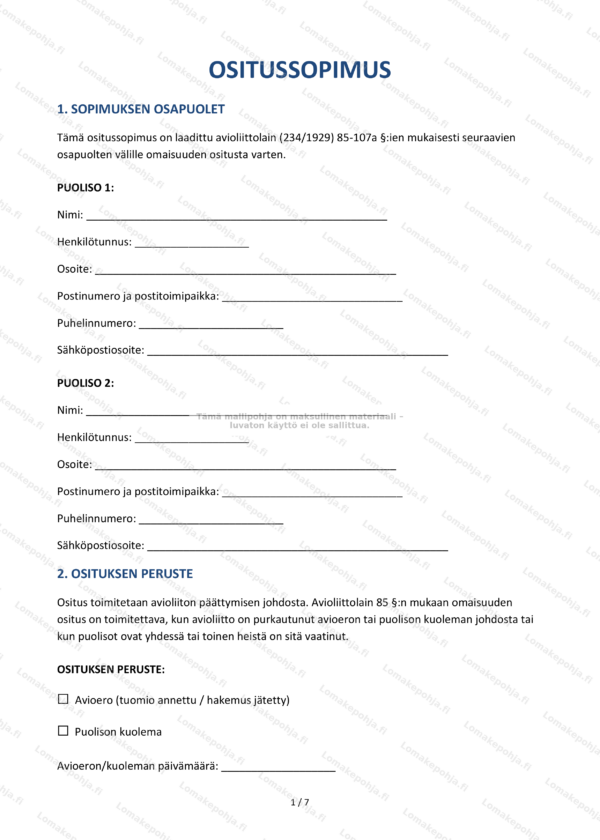 Ositussopimus | Muokattava sopimusmalli Word & PDF