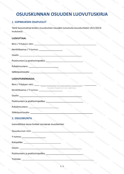 Kuva ensimmäiseltä sivulta osuuskunnan osuuden luovutuskirjasta (skaalattu kopio).