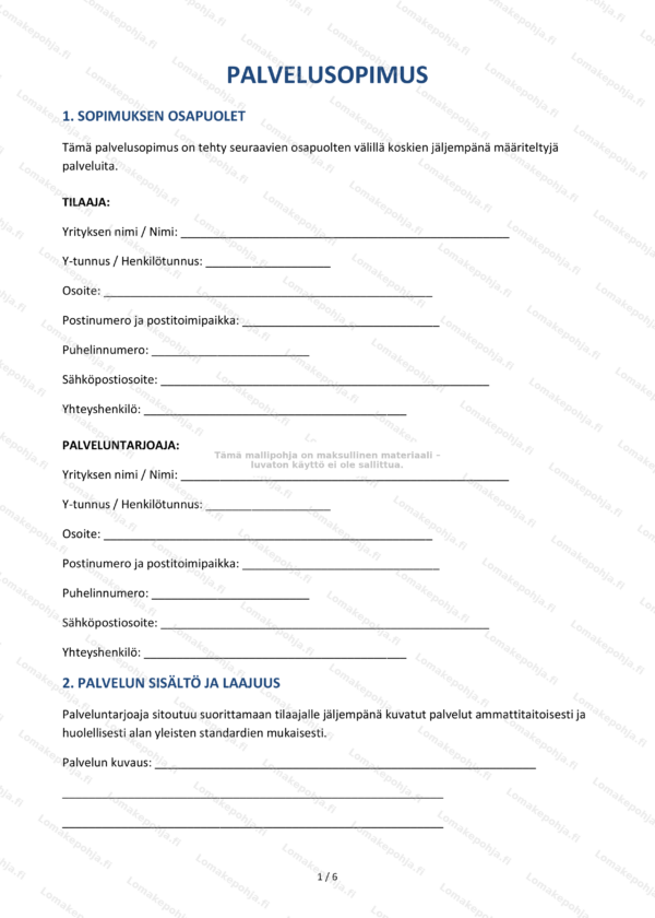 Palvelusopimus — Sopimusmalli Word & PDF