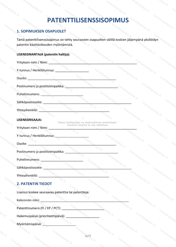 Patenttilisenssisopimus – Ladattava Word & PDF