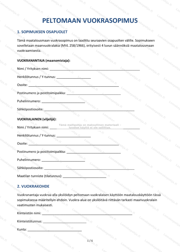 Peltomaan vuokrasopimus | Tulostettava mallipohja