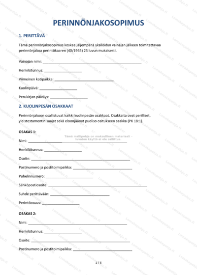 Perinnönjakosopimuksen ensimmäinen sivu, skaalausversio; oikeudellinen asiakirja.