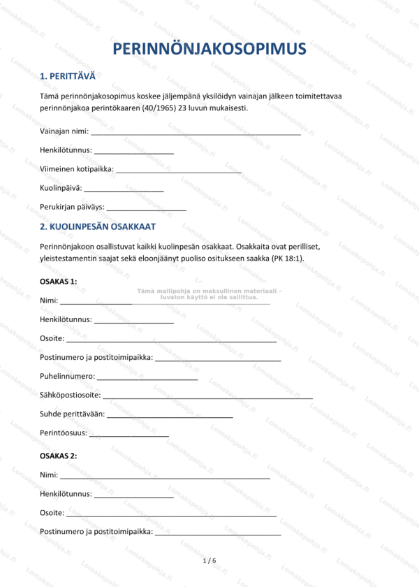 Perinnönjakosopimus — Mallipohja Word & PDF