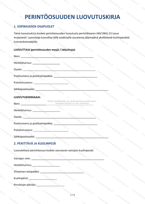 Perintöosuuden luovutuskirja | Lomakepohja