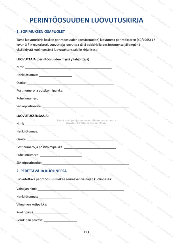 Perintöosuuden luovutuskirja | Lomakepohja