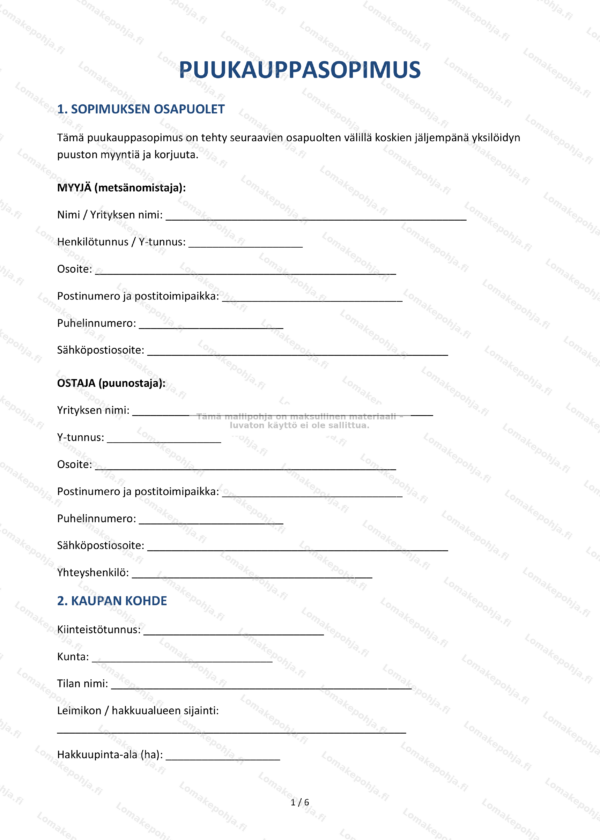 Puukauppasopimus — Muokattava pohja | Word & PDF