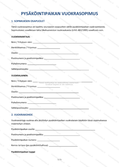 Pysäköintipaikan vuokrasopimuksen ensimmäisen sivun skannattu kopio