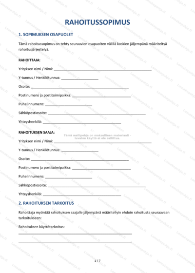 Rahoitussopimus – ensimmäinen sivu (skaalattu) – sisältää sopimustekstiä ja allekirjoitusalueita.